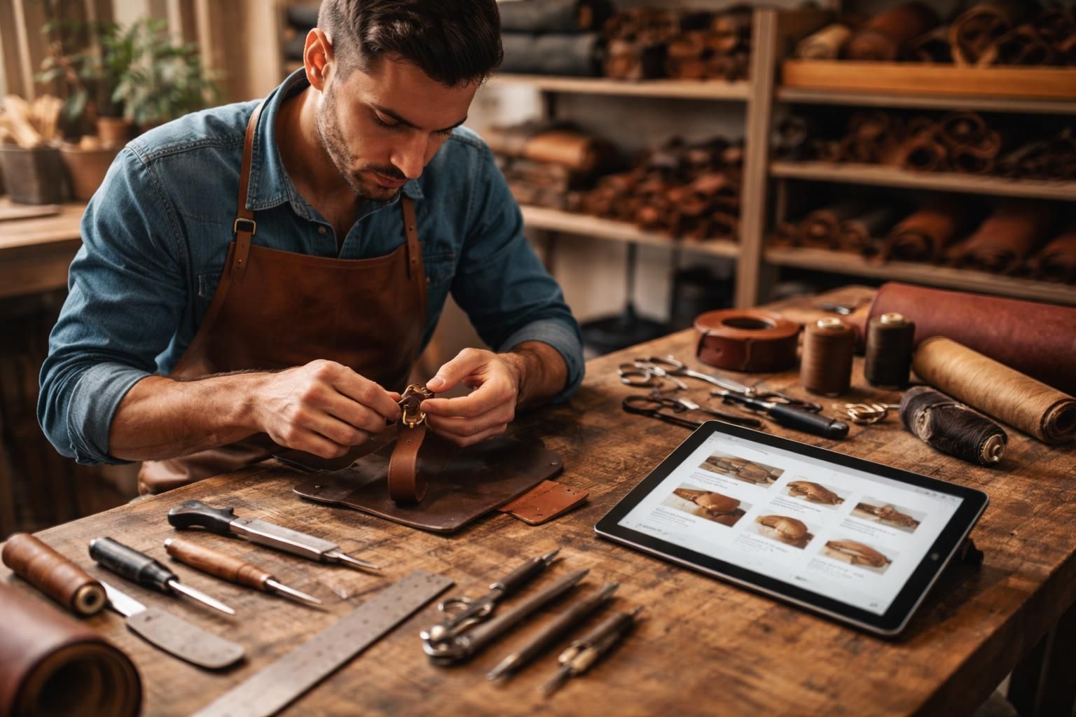 découvrez un atelier cuir interactif où le savoir-faire traditionnel se manifeste à travers une boucle créée sur une tablette tactile microsoft. alliez artisanat et technologie moderne pour une expérience unique.