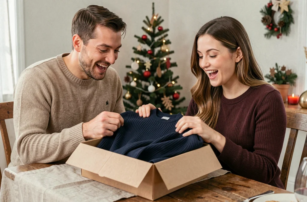 Couple découvrant avec joie des pulls assortis bleu marine dans une boîte cadeau lors d'une fête de Noël en intérieur
