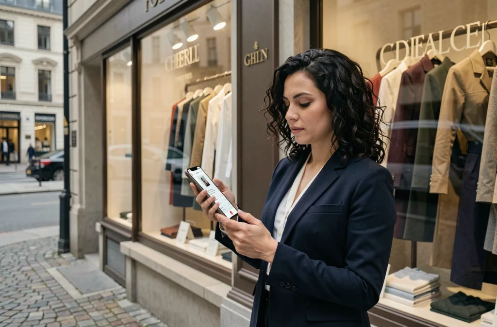 Cliente consultant son téléphone devant la vitrine d'une boutique de mode avant de passer sa première commande