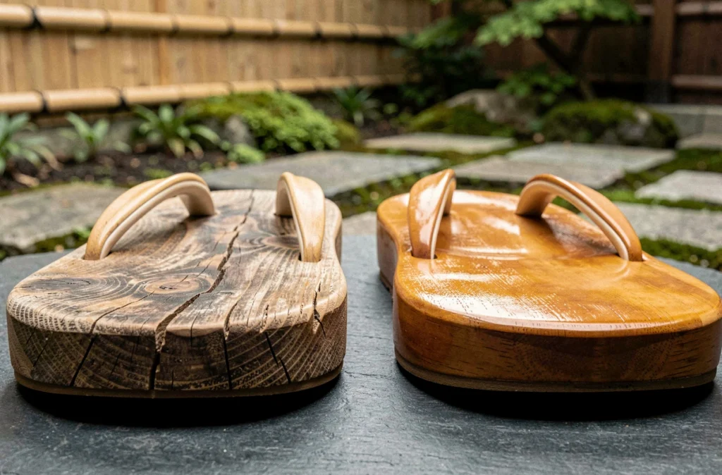 Comparaison entre une sandale geta en bois vieillie et une sandale fraîchement huilée posées sur une ardoise dans un jardin japonais