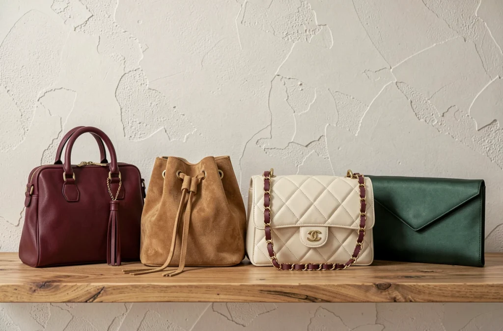 Quatre modèles de sacs femme alignés sur une étagère en bois : doctor bag, sac seau, sac matelassé et pochette enveloppe