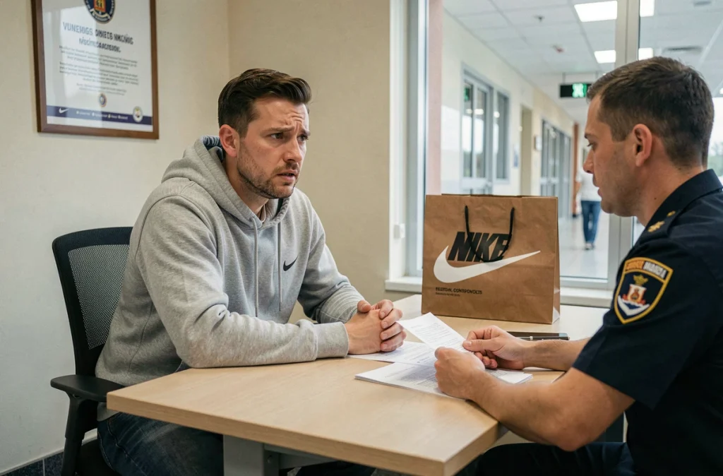 Homme convoqué face à un agent des douanes dans un bureau d'aéroport avec un sac contrefait Nike posé sur le bureau