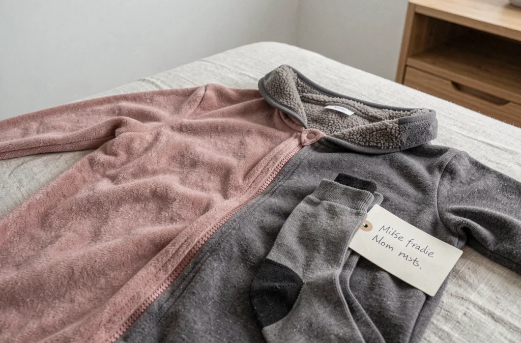 Gros plan de deux pilous adultes en tissu polaire et sherpa posés sur un lit, comparaison de matières douces pour hypersensibles au froid