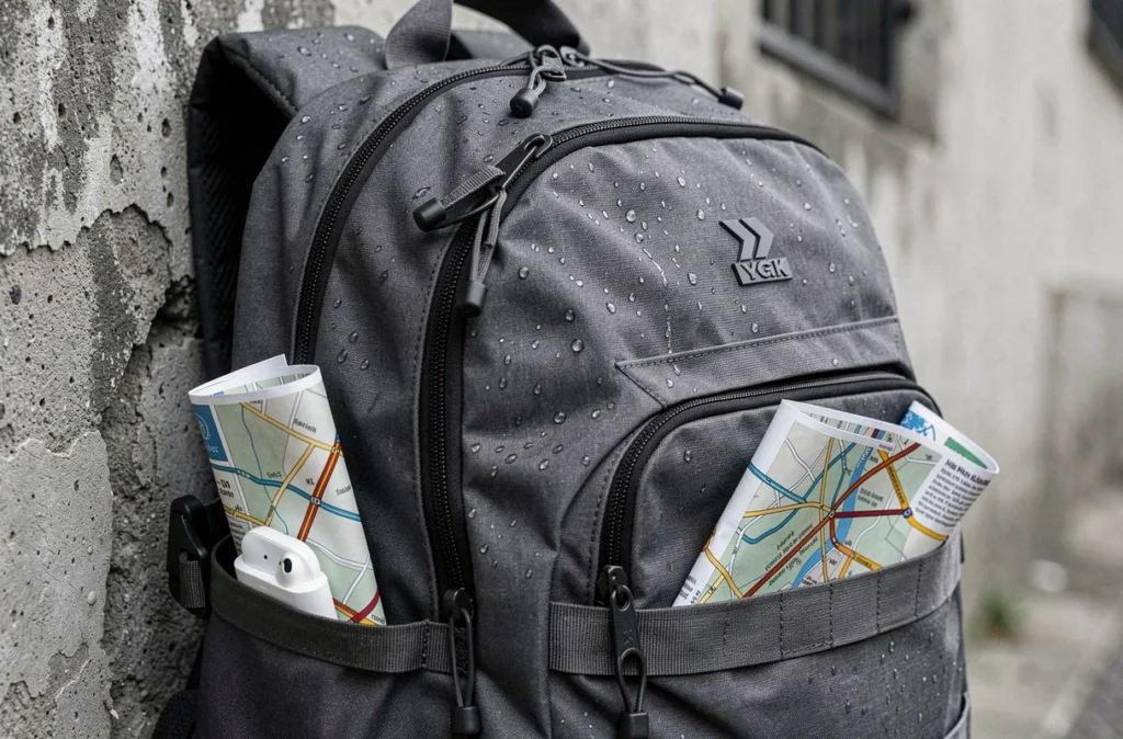 Gros plan sur les détails imperméables et les fermetures éclair étanches d'un sac à dos gris urbain