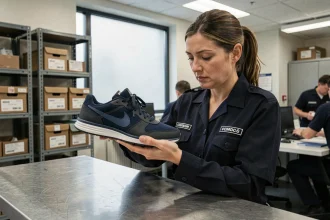 Agente des douanes inspectant une paire de chaussures Nike contrefaites sur une table d'examen en acier inoxydable dans un bureau de contrôle douanier