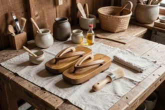 Paire de sandales geta en bois posées sur un établi en bois avec des produits d'entretien comme de l'huile de bois et une brosse douce
