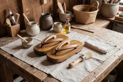 Paire de sandales geta en bois posées sur un établi en bois avec des produits d'entretien comme de l'huile de bois et une brosse douce