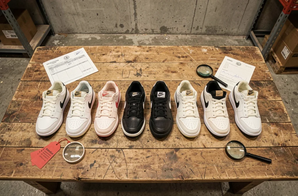 Rangée de fausses sneakers Nike contrefaites avec défauts visibles posées sur une table en entrepôt avec étiquettes de preuves douanières