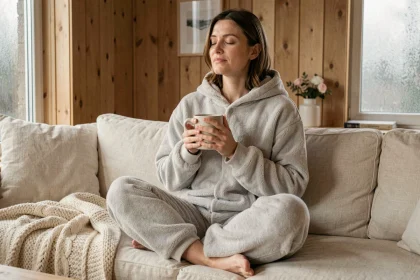 Femme adulte en pilou pilou gris clair assise sur un canapé, tenant une tasse chaude, ambiance cosy intérieure pour hypersensibilité au froid