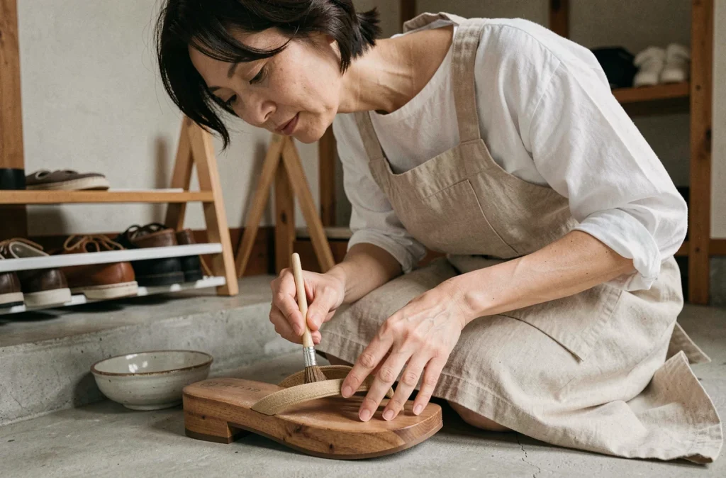 Femme entretenant ses sandales geta japonaises en bois en appliquant de l'huile de conditionnement avec un pinceau