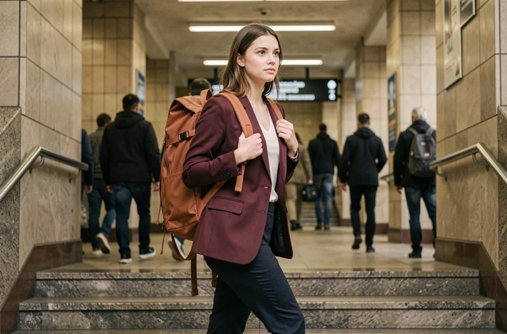 Jeune professionnelle descendant les escaliers du métro avec un sac à dos imperméable orange rouille