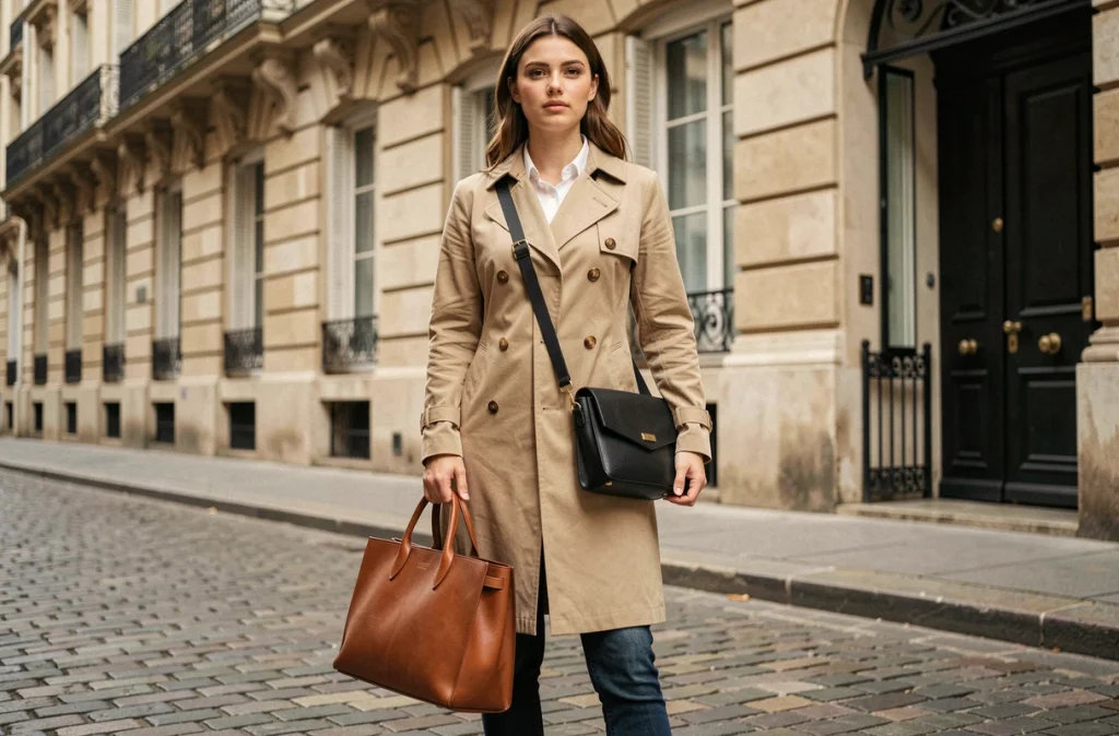 Femme portant un tote bag en cuir cognac et un sac bandoulière noir dans une rue parisienne pavée, illustrant deux styles de sacs tendance