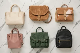 Flat lay de six modèles de sacs à main pour femme sur marbre blanc : tote bag, sac bandoulière, pochette, seau, cartable et mini sac à dos en différents matériaux