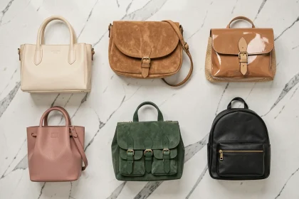 Flat lay de six modèles de sacs à main pour femme sur marbre blanc : tote bag, sac bandoulière, pochette, seau, cartable et mini sac à dos en différents matériaux