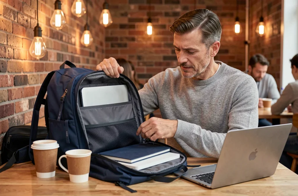 Homme explorant l'intérieur organisé d'un sac à dos imperméable bleu marine dans un café urbain