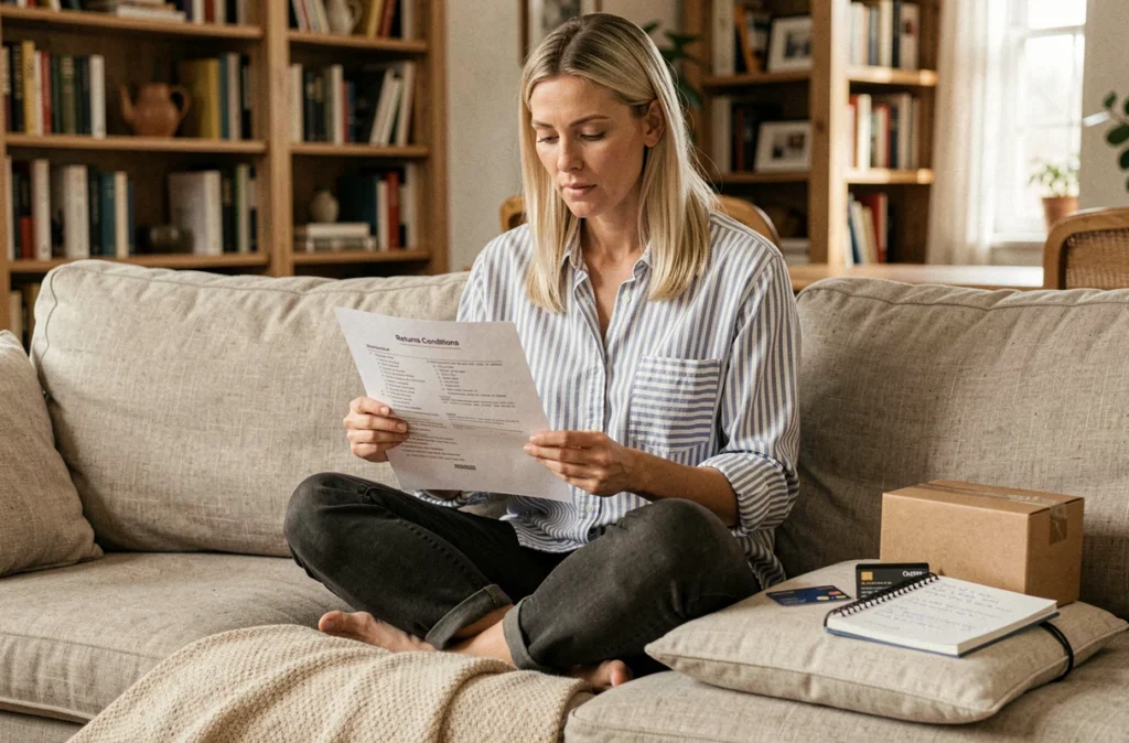 Femme lisant attentivement les conditions de retour et précautions avant une commande sur une boutique en ligne