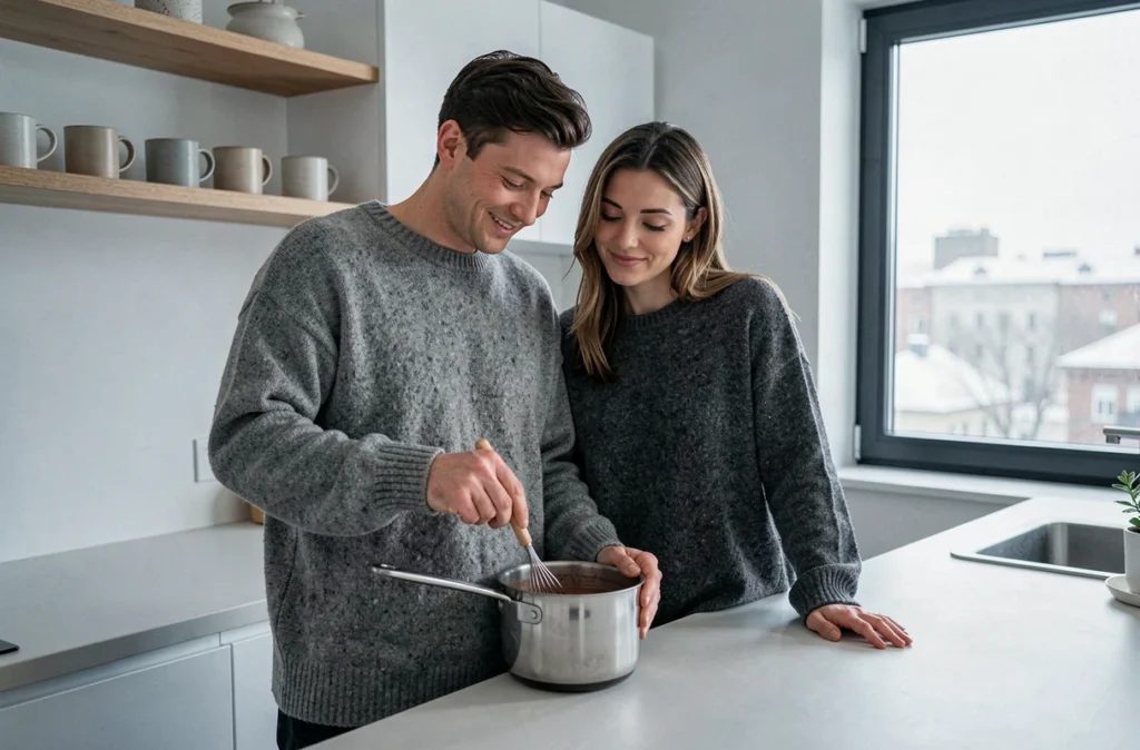 Couple en pulls assortis gris et anthracite préparant du chocolat chaud dans une cuisine scandinave moderne avec vue sur la neige
