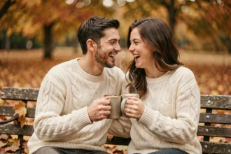 Couple assorti portant des pulls en laine torsadée crème dans un parc en automne, tenant des tasses de café chaud avec des feuilles dorées au sol