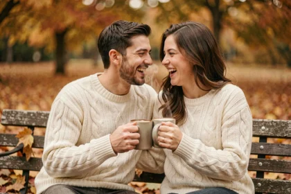 Couple assorti portant des pulls en laine torsadée crème dans un parc en automne, tenant des tasses de café chaud avec des feuilles dorées au sol