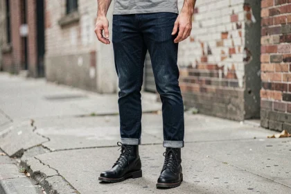Homme portant des rangers noires en cuir avec un jean slim indigo retroussé, look urbain masculin