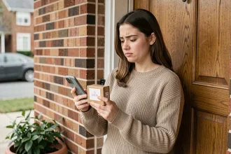 Femme recevant un colis Shein à sa porte et vérifiant le suivi de livraison sur son téléphone