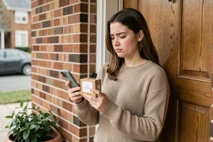 Femme recevant un colis Shein à sa porte et vérifiant le suivi de livraison sur son téléphone