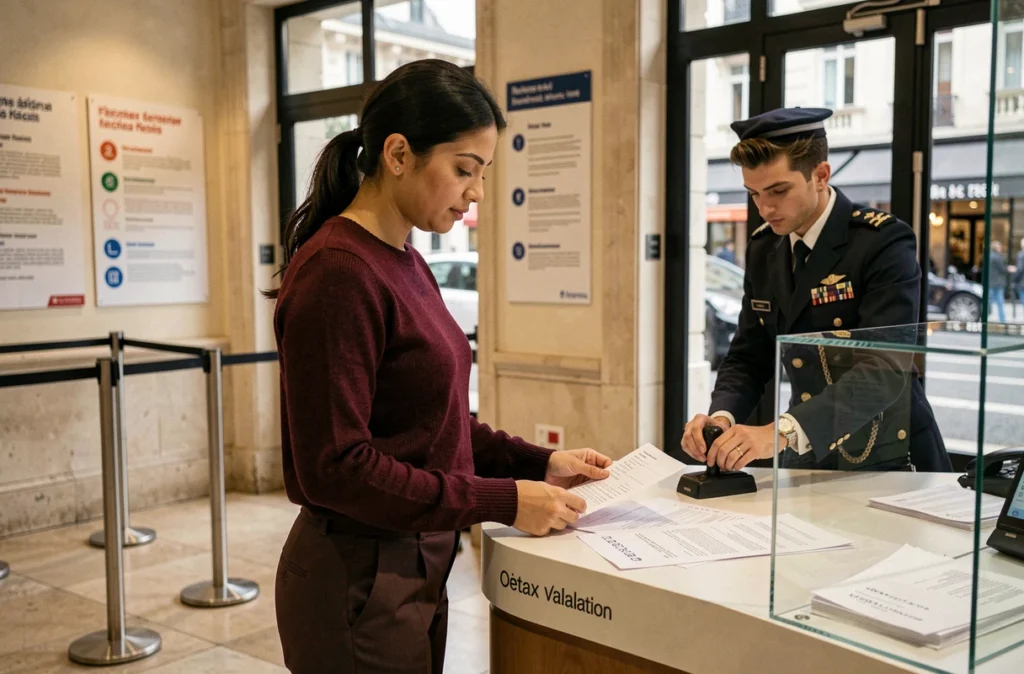 Voyageuse obtenant un remboursement de TVA au bureau de détaxe d'un grand magasin parisien