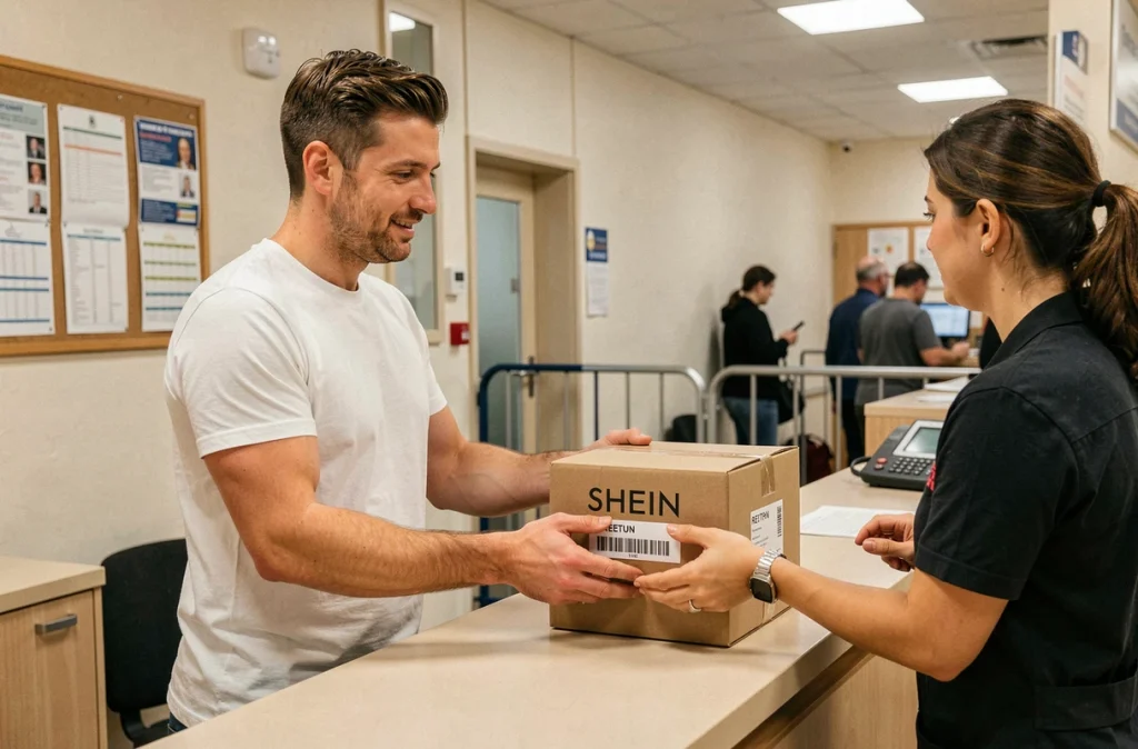 Homme déposant un colis Shein en retour à la poste pour obtenir un remboursement
