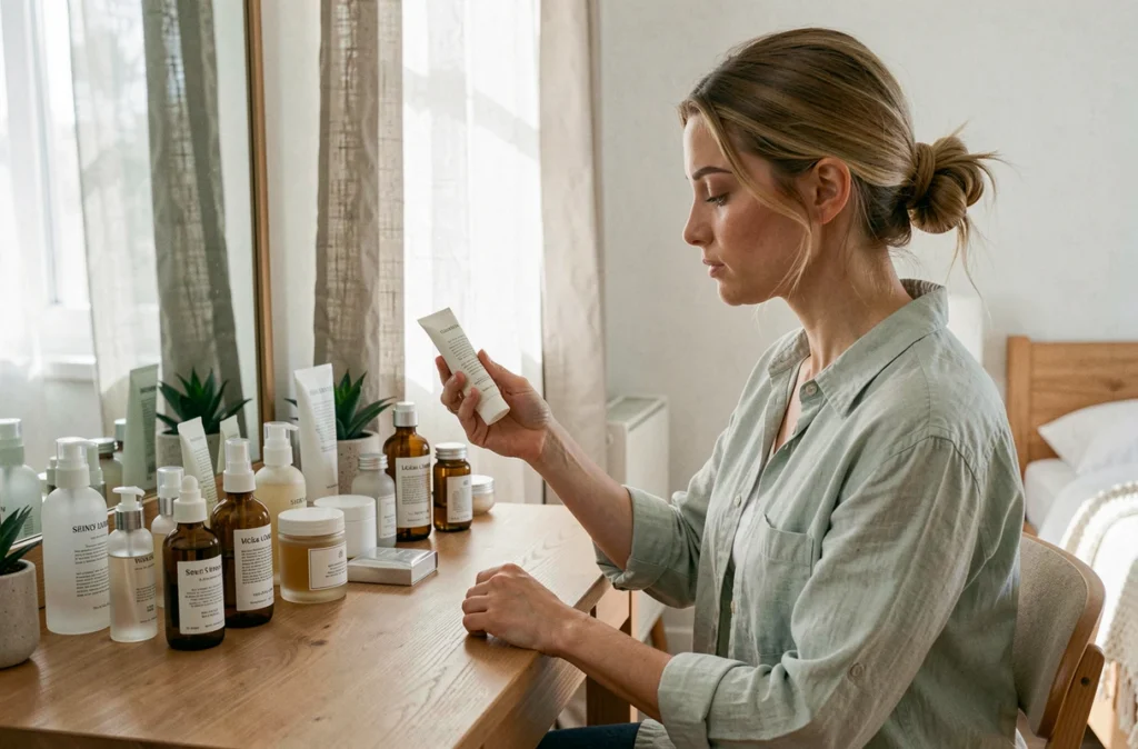 Femme étudiant ses produits de soin visage sur une coiffeuse en bois, routine beauté quotidienne inspirée d'EllyBeth