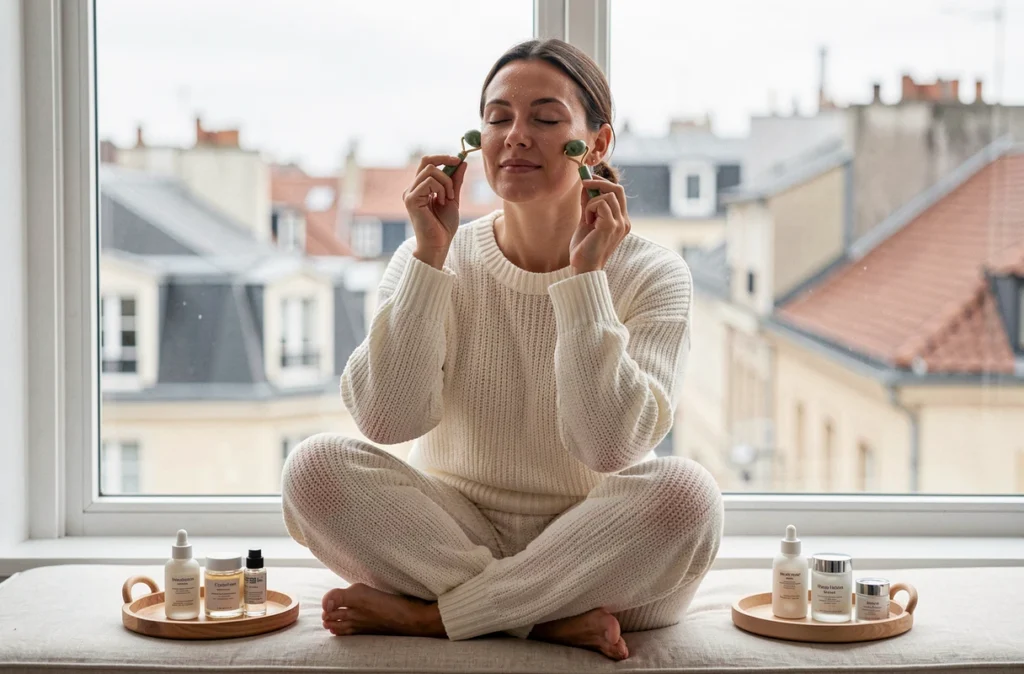 Femme massant son visage avec un rouleau en jade près d'une fenêtre, geste beauté clé de la routine EllyBeth pour sublimer la peau
