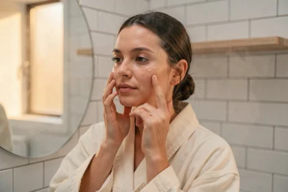 Femme appliquant un sérum visage dans une salle de bain minimaliste, routine beauté EllyBeth pour une peau transformée