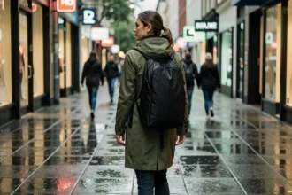 Femme portant un sac à dos imperméable noir en ville sous la pluie sur un trottoir urbain mouillé