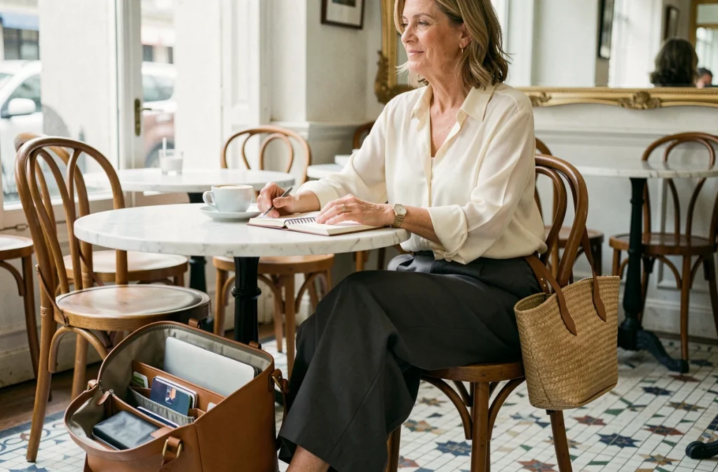 Femme assise dans un café parisien avec un sac cartable en cuir ouvert et un sac seau en osier, montrant l'intérieur et le style de deux modèles de sacs