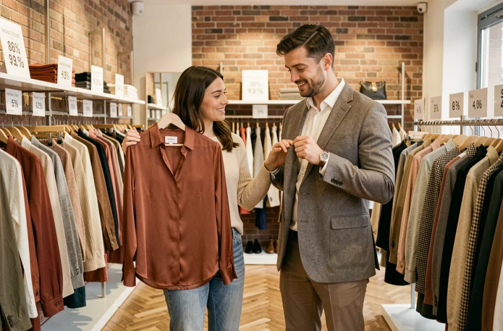 Couple comparant des vêtements en solde dans une boutique de mode italienne
