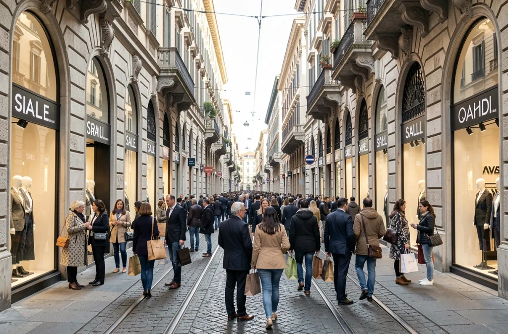 Rue commerçante animée de Milan pendant les soldes avec des boutiques de mode et des passants