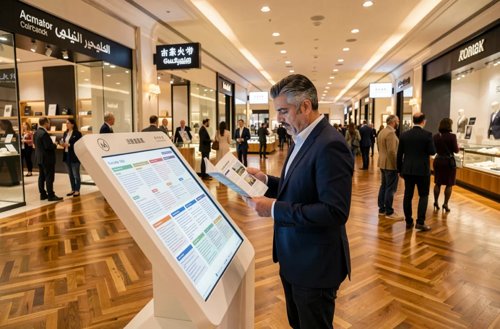 Touriste étranger consultant un guide multilingue dans un grand magasin parisien