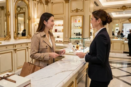 Touriste asiatique au comptoir de service d'un grand magasin parisien pour une demande de détaxe