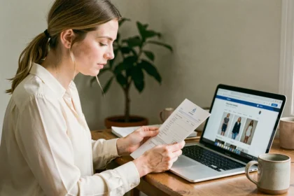 Femme vérifiant sa commande en ligne depuis une boutique comme Lucie Roussel avant de valider son achat