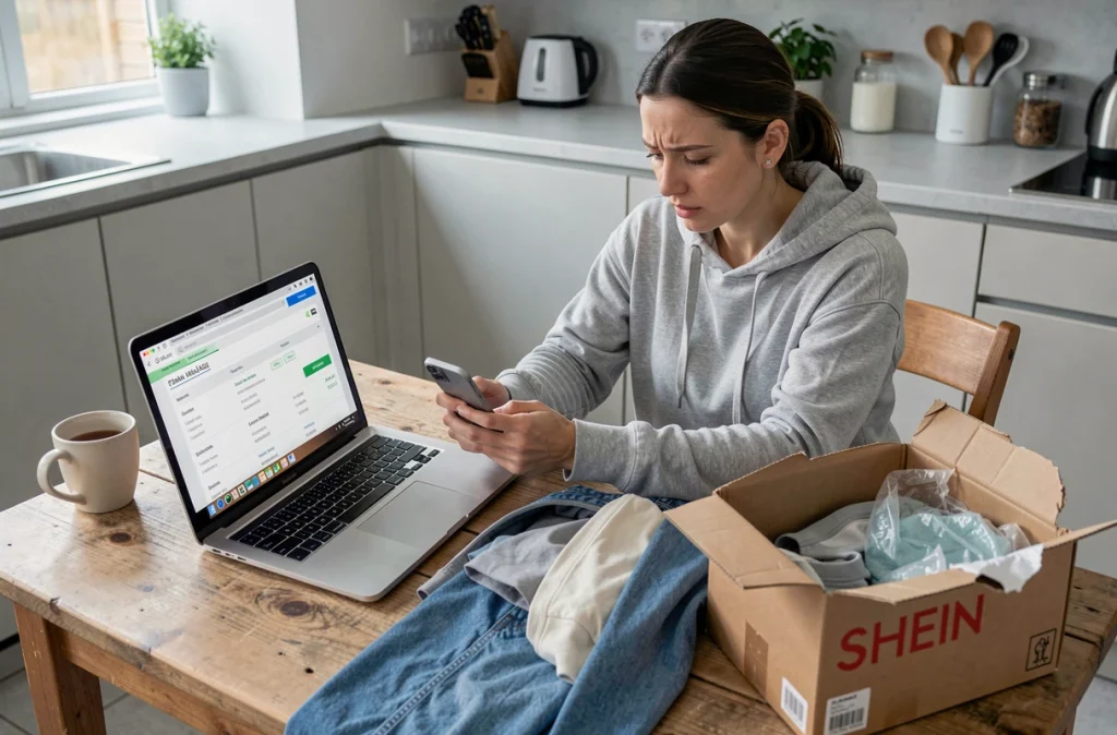 Femme vérifiant sa commande Shein et comparant les articles reçus pour une demande de remboursement