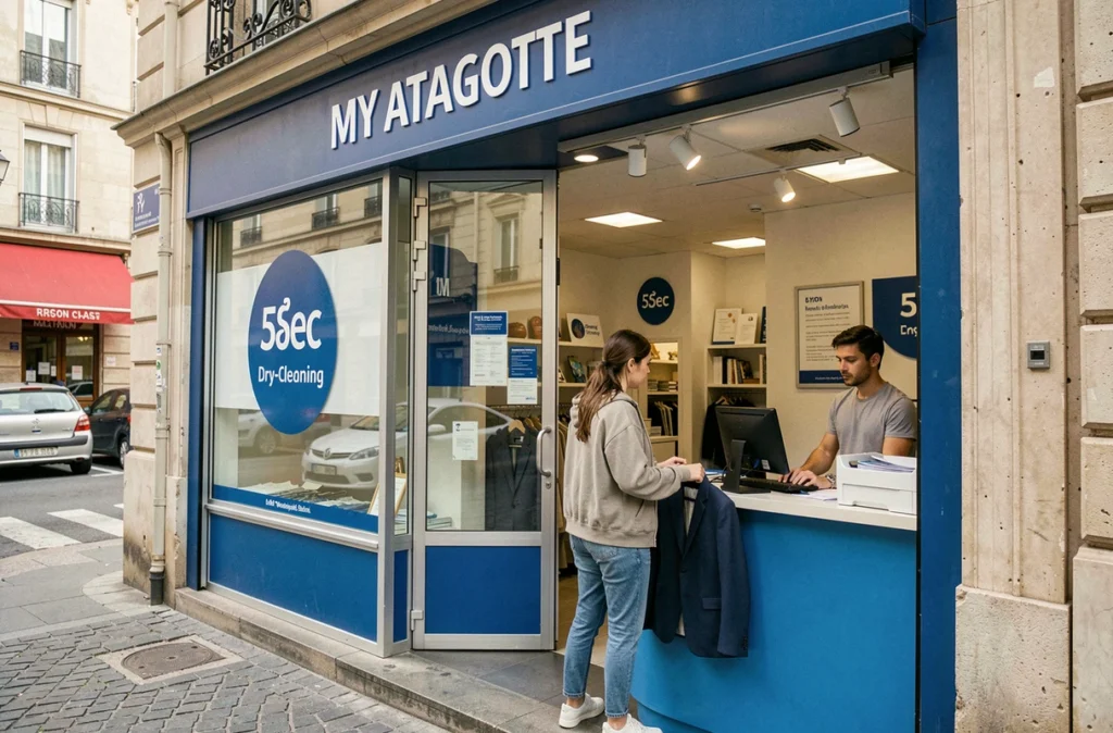 Façade et comptoir de réception du pressing 5àSec Lyon Matagotte avec une cliente déposant un vêtement