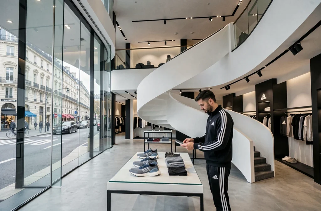 Intérieur de la boutique Adidas des Champs-Élysées avec son architecture sur deux niveaux et ses dernières collections de sneakers