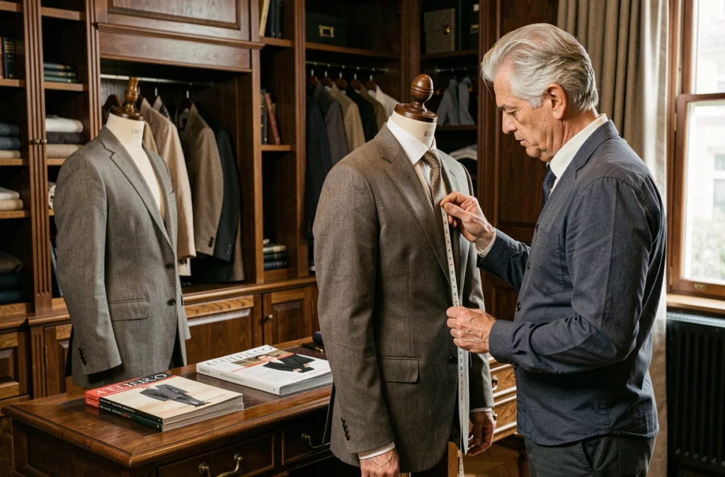 Atelier Luciano Amoruso à Lyon avec tailleur inspectant une veste sur mesure aux finitions italiennes