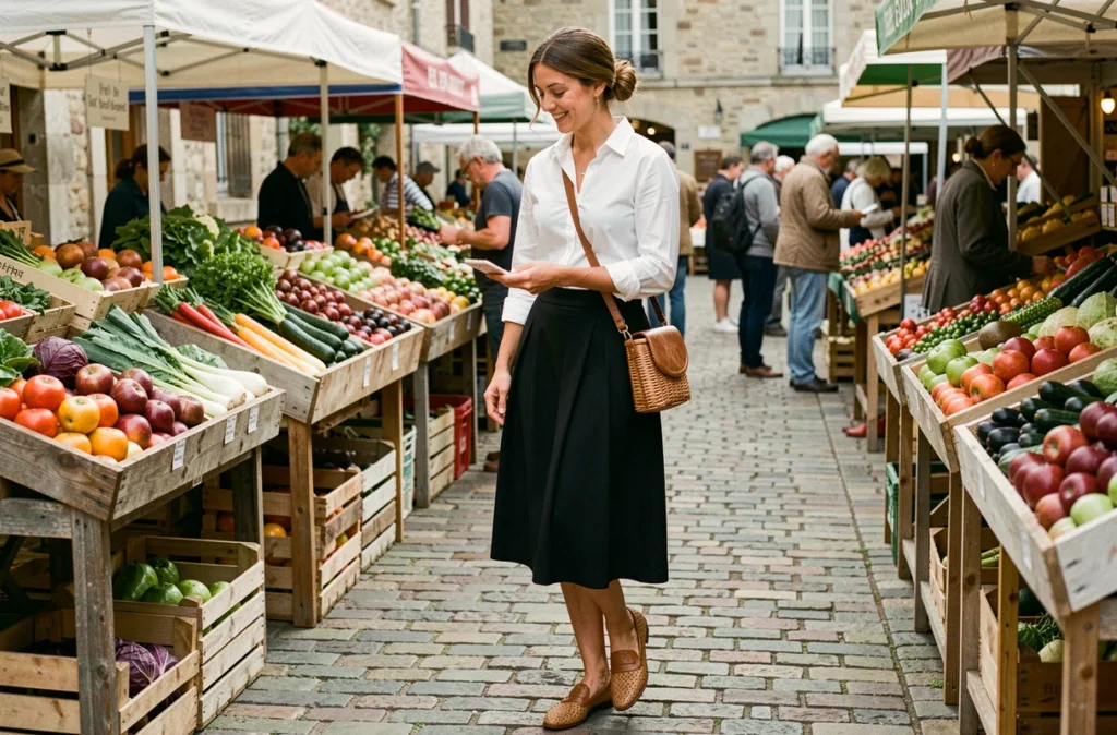 Femme en jupe midi noire et chemise blanche revisitant ses basiques de bureau pour une sortie marché le week-end