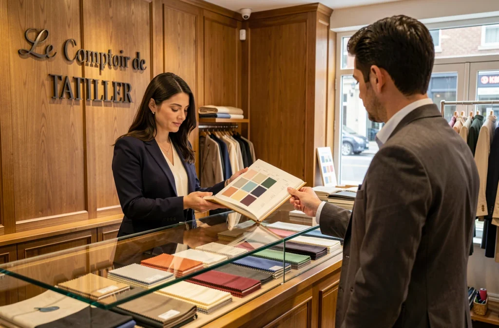 Comptoir d'un tailleur lyonnais avec présentation d'échantillons de tissu et conseil client