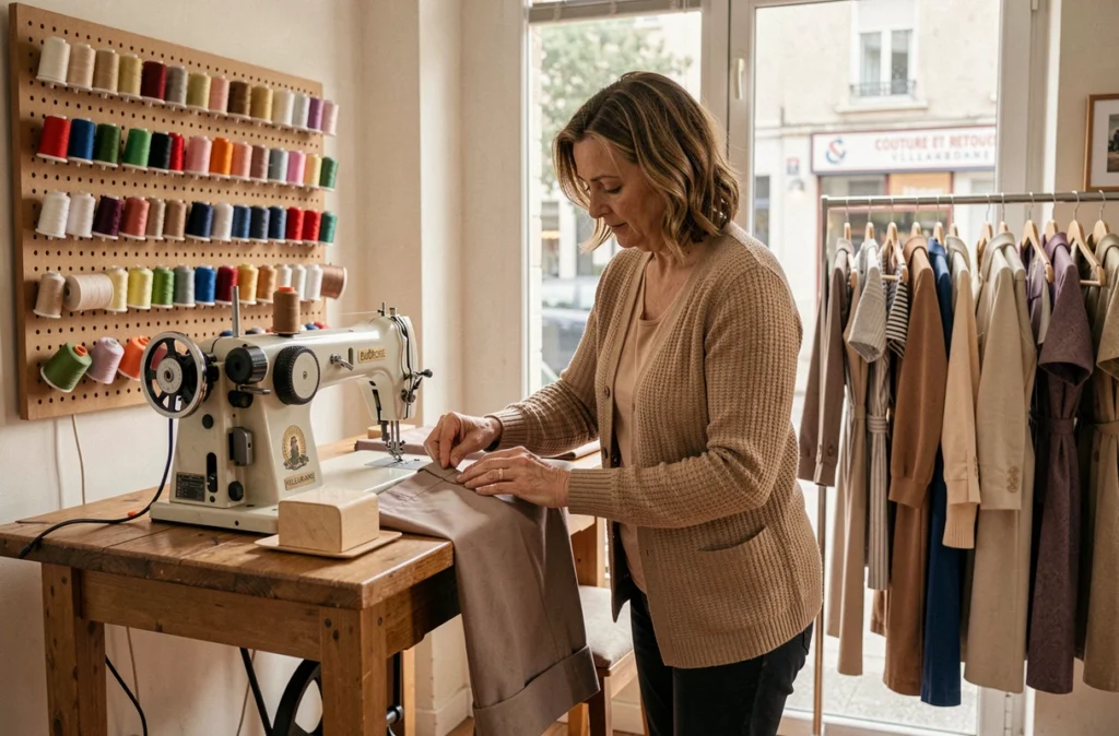 Atelier de retouche Couture et Retouche Villeurbanne avec couturière travaillant sur une machine à coudre