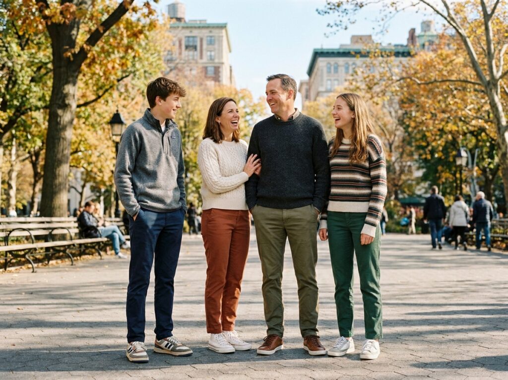 Famille habillée avec des vêtements confortables et élégants se promenant dans un parc urbain en automne