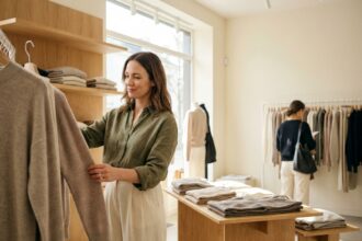 Femme élégante et décontractée choisissant des vêtements confortables dans une boutique moderne et chaleureuse