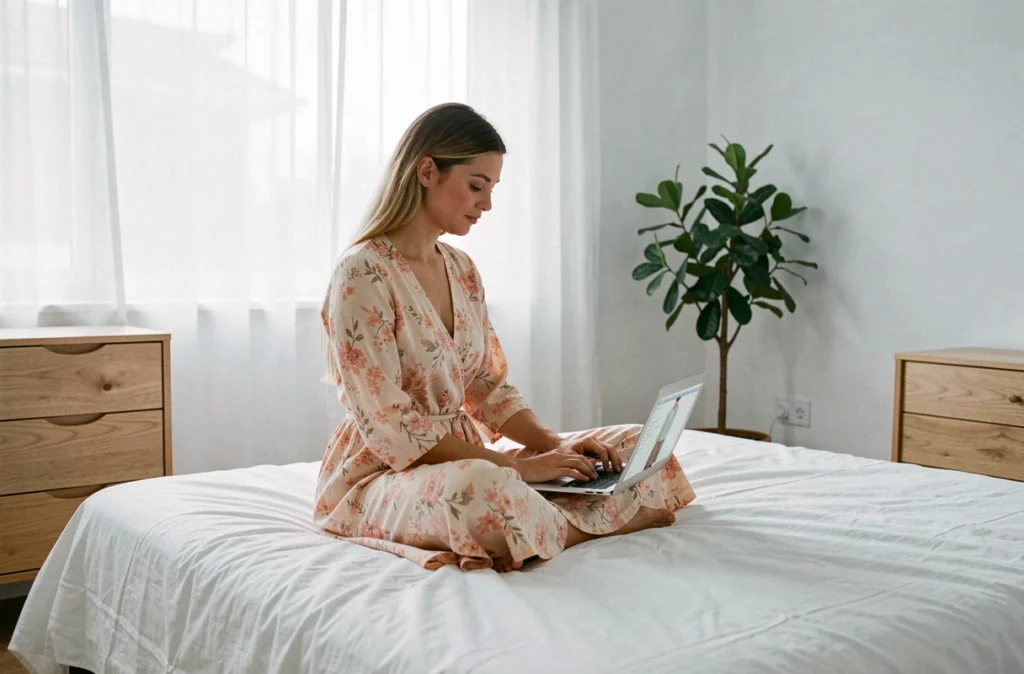Jeune femme en robe fleurie achetant des vêtements d'été en ligne sur son ordinateur portable dans une chambre lumineuse