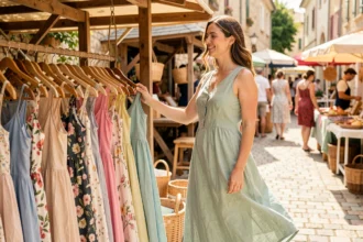 Femme en robe légère en lin vert sauge feuilletant des robes d'été dans un marché provençal en plein air