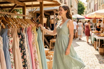 Femme en robe légère en lin vert sauge feuilletant des robes d'été dans un marché provençal en plein air